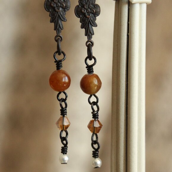 Handmade Women's Earrings, Black Metal with Brown Beads and a Faux Pearl Dangles - Picture 10 of 10